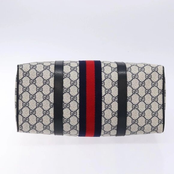 GUCCI GG Supreme Sherry Line Boston Bag PVC Navy Gold Auth ki5935 - Picture 7 of 16